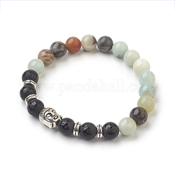 Perles d'amazonite de fleurs naturelles et bracelets extensibles de perles d'agate givrée naturelle, avec des perles de style tibétain, ronde, 2-1/8 pouce (5.4 cm), sac: 12x8.5x3cm