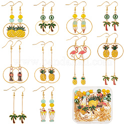 Sunnyclue DIY Kit de fabrication de boucles d'oreilles de plage d'été, y compris les pendentifs flamant rose & ananas & arbre & crème glacée en alliage émaillé, Perles en verre, Crochets d'oreille en laiton, or, 122 pcs / boîte