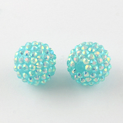 Perles de strass en résine de couleur AB, avec des perles rondes acryliques à l'intérieur, pour les bijoux de bubblegum, cyan, 14x12mm, Trou: 2~2.5mm