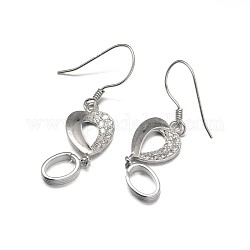 Sterling Silver Earring Hooks, with Cubic Zirconia and Cup Pearl Bail Pin Pendants, for Half Drilled Beads, Heart, Platinum, 37x10x5mm, Hole: 3.5x6mm, Pin: 0.6mm