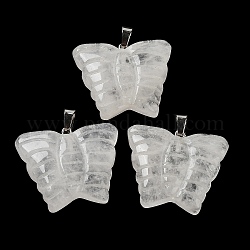 Резные подвески из натуральных кристаллов кварца, Подвески-бабочки с латунными застежками с платиновым покрытием на дужках, 30x35.5x7 мм, отверстие : 7x4.5 мм