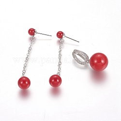 (Jewelry Parties Factory Sale)Brass Pendants and Dangle Earrings Sets, with Shell Pearl and Cubic Zirconia, Round, Red, Earrings: 50~50.5mm, Pin: 0.8mm, Pendants: 16x12mm, Hole: 3.5x9.5mm
