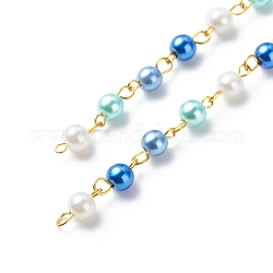 Catene di perline rotonde di perle di vetro fatte a mano, con perni in ottone, senza saldatura, blu, 13x6mm, circa 3.28 piedi (1 m)/scatola
