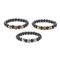 Perles rondes de roche de lave naturelle bracelets d'aromathérapie d'anxiété d'huile essentielle, crâne alliage perles bracelets extensibles ensemble pour fille femmes, diamètre intérieur: 2-1/8 pouce (5.5 cm), 3 pièces / kit
