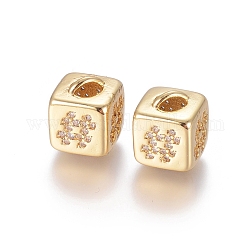 Perline zirconi micro pave  in ottone, placcato di lunga durata, cubo con motivo a segno, oro, chiaro, oro, 10x8x8.5mm, Foro: 1.5x3.5 mm e 4 mm