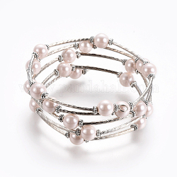 Bracelets enroulés à la mode, verre bracelets de perles avec des perles tubulaires, rose, Bracelet: environ 60 mm de diamètre intérieur, vendu par 40 bracelets