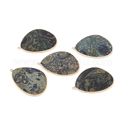 Pendentifs de jaspe rhyolite naturelle, avec les accessoires en laiton, or, 42x30.5x1.5~2mm, Trou: 1.6mm