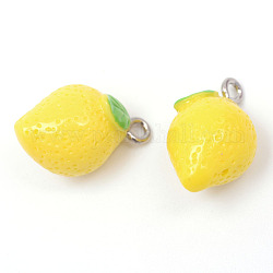 Zitronen-Harz-Anhänger, mit plattiertem Platin Zubehör asu Eisen, Gelb, 20~24x12x12 mm, Bohrung: 2 mm