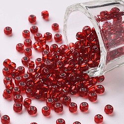 6/0 Perlas de semillas de vidrio, plata forrada agujero redondo, redondo, rojo, 6/0, 4mm, agujero: 1.5 mm, aproximamente 450 unidades / 50 g, 50 g / bolsa, 18 bolsas/2 libras