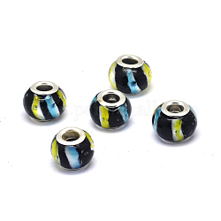 Handmade Lampwork European Beads, with Silver Plated Brass Double Cores, Rondelle, Large Hole Beads, Black, 13x8mm, Hole: 5mm