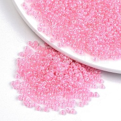 8/0 Glass Seed Beads, Inside Colours, Round Hole, Round, Transparent Colours Rainbow, Pink, 8/0, 3~4x2~3mm, Hole: 0.8mm, about 3333pcs/100g