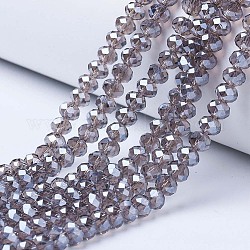 FilI di perline in vetro placcato, lustro di perla placcato, sfaccettato, rondelle, grigio, 4x3mm, Foro: 0.4 mm, circa 123~127pcs/filo, 16.5~16.9 pollice (42~43 cm)