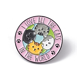 Mot j'aime tous les chats du monde broche en émail, Broche ronde plate en alliage noir d'électrophorèse pour vêtements de sac à dos, motif de chat, 30x2mm, pin: 1.2 mm
