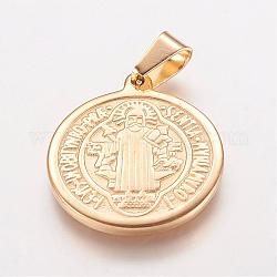 Ion Plating(IP) 304 Stainless Steel Pendants, Flat Round with Saint Benedict Medal, Golden, 29x25x2.5mm, Hole: 4.5x7.5mm