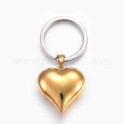 304 portachiavi in acciaio inossidabile, cuore, oro & colore acciaio inossidabile, 75mm, ciondoli:36.5x35x10mm