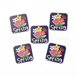 Cabuchones de acrílico, para horquillas, accesorios para el cabello y aretes, cuadrado con estampado de flores y palabra primavera, añil, 34.5x34.5x2.5mm