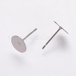 304 Stainless Steel Stud Earring Settings, Flat Pad Earring Post, Flat Round, Stainless Steel Color, Tray: 8mm, 12x8mm, Pin: 0.7mm