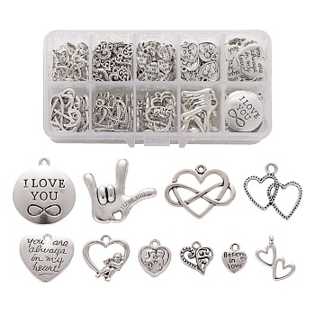 10 Style Tibetan Style Alloy Pendants, Heart & Heart to Heart & Heart with Word & Heart and Infinity & Heart with Angel & Gesture I Love You & Flat Round, Antique Silver, 200pcs/box