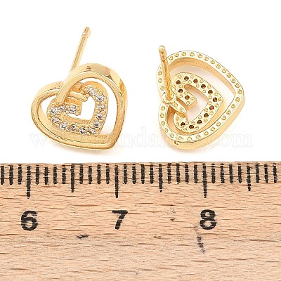 Серьги-гвоздики в форме сердца из латуни с прозрачным фианитом и прозрачным фианитом EJEW-F400-28A-G-1