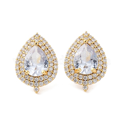 Серьги-гвоздики из латуни с микропаве из прозрачных кубических цирконий в форме капли EJEW-Z087-02G-1