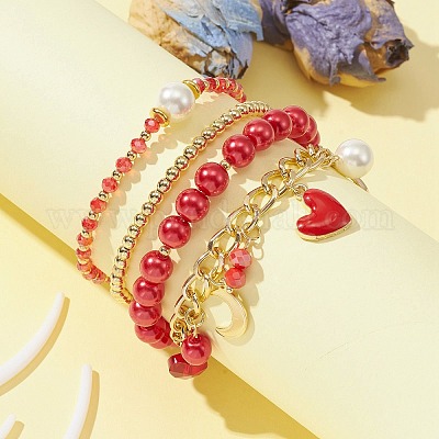 Set 5 Braccialetti Elasticizzati Con Perline Per Insegnanti - Tema Matita E Mela