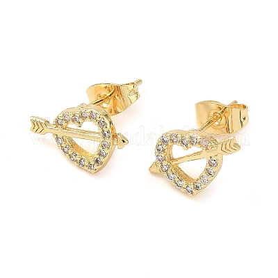 Серьги-гвоздики из латуни с микро-паве и прозрачным фианитом в форме сердца EJEW-Z144-12G-1