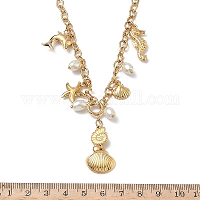 Женские ожерелья с подвесками в форме ракушки дельфина из нержавеющей стали 304 и пластика с жемчугом NJEW-G180-02G-1