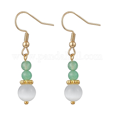 Круглые серьги-подвески из натурального малайзийского нефрита и кошачьего глаза EJEW-JE06472-1