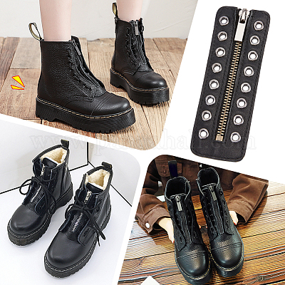 Leather Lace-In Boot Zipper Inserts, 8 Eyelet Zipper No Tie Zipper Boot Laces Smooth Tieless Shoe Laces for Boots Shoes Sneakers