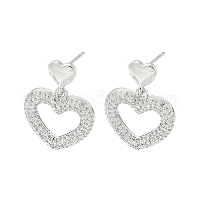 Серьги-гвоздики из латуни с микро-паве и кубическим цирконием в форме сердца EJEW-F331-24P-1