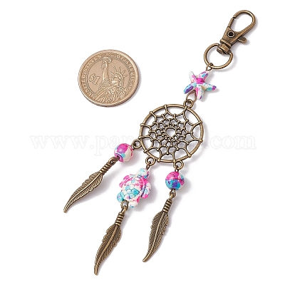 Синтетическая бирюзовая морская звезда черепаха и сплав плетеная сетка/паутина с подвесками в виде перьев HJEW-JM03126-1