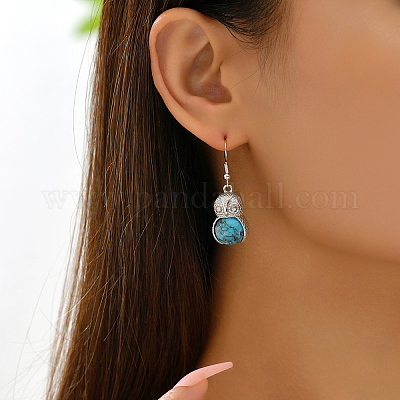 Серьги-подвески из латуни с искусственным бирюзовым узором в форме совы ZV6366-1