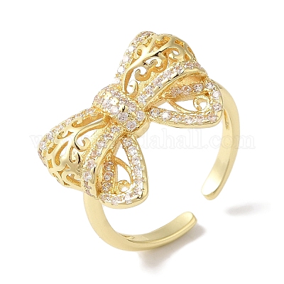 Открытые манжеты из латуни с бантом и микро-паве с прозрачным цирконием для женщин RJEW-C098-24G-1