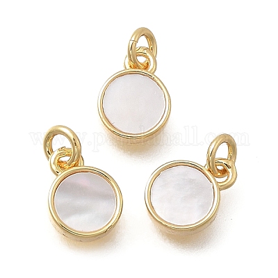 Плоские круглые подвески из латуни и натуральных ракушек KK-D431-025A-02G-1