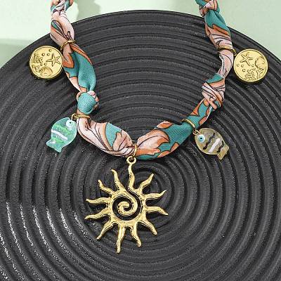 Женские шарфы-ожерелья из полиэстера с подвеской в виде рыбы и солнца из нержавеющей стали 304 и смолы NJEW-D340-03G-1