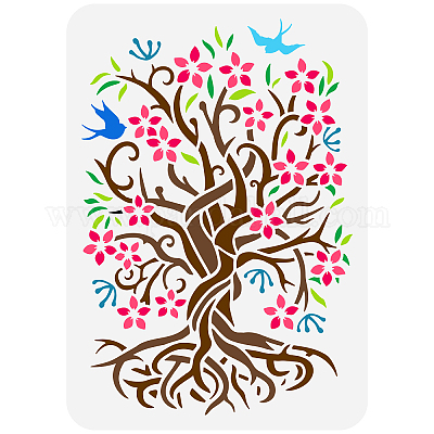 Wholesale FINGERINSPIRE Flower Tree of Life Painting Stencil 8.3x11.7inch  Reusable Floral Life Tree Drawing Template Bird Stencil Plant Tree Stencil  Plastic Hollow Out Stencil for DIY Craft Home Decor 