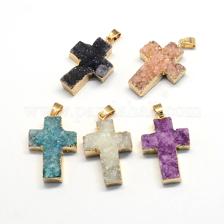 Plated Natural Druzy  Agate Cross Pendants G-R275-06-1