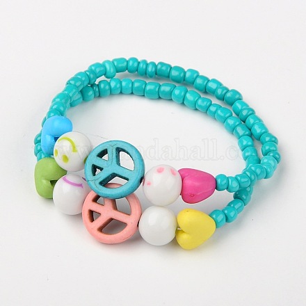 Coloré bracelets synthétique turquoise signe de paix extensibles pour enfants BJEW-JB01392-01-1