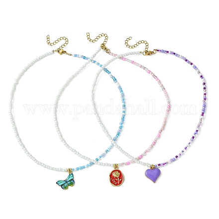 3 Uds. Conjunto de collares con colgante de esmalte de aleación de 3 estilos con cadenas de cuentas de semillas de vidrio NJEW-JN04457-1