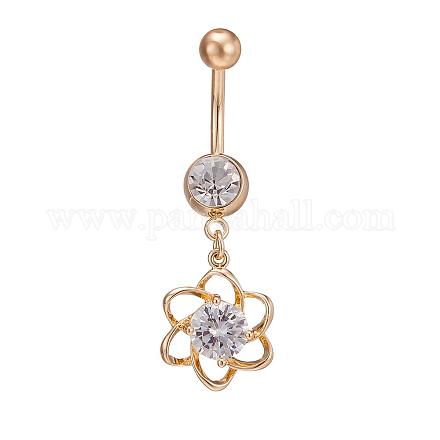 Piercing Jewelry Real 18K Gold Plated Brass Rhinestone Flower Navel Ring Belly Rings AJEW-EE0001-40A-1