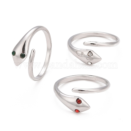 304 Stainless Steel Snake Wrap Open Cuff Ring with Rhinestone for Women RJEW-E062-B02-P-1