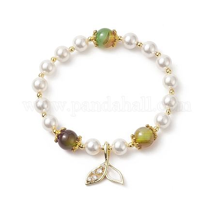Pulsera elástica con cuentas redondas de perlas de concha y ágata de pavo real natural teñida BJEW-TA00233-1