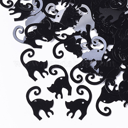 装飾アクセサリー  ポリ塩化ビニールのプラスチック製のスパンコール/スパンコールビーズ  猫の形  ブラック  20x13x0.3mm  穴：0.9mm  約230個/袋 PVC-T005-038-1
