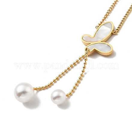 Synthetic White Shell Heart with Plastic Pearl Pendant Necklace NJEW-G036-06G-1