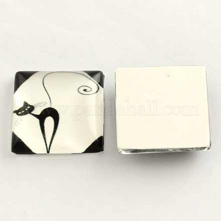 Black and White Theme Cat Pattern Glass Flatback Square Cabochons for DIY Projects X-GGLA-S022-20mm-35B-1