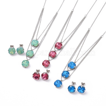 Stainless Steel Pendant Necklaces and Stud Earrings Sets SJEW-O099-M-1