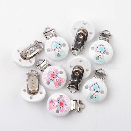 Dyed Bear with Heart Pattern Half Round Printed Wooden Baby Pacifier Holder Clips WOOD-K004-M34-1