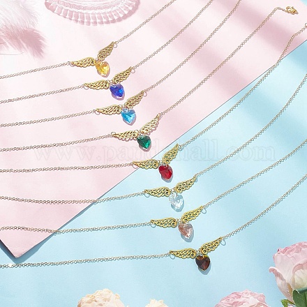 Ожерелья с подвеской в виде крыльев ангела и сердца из латуни и стекла для женщин NJEW-JN05260-1