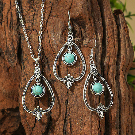 Комплекты из ожерелий и серег-подвесок из сплава и синтетической бирюзы в стиле бохо WG2E1B4-08-1