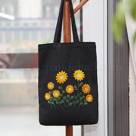 Kit da ricamo per borsa tote in tela nera con motivo a crisantemo selvatico fai-da-te PW23050603691-1